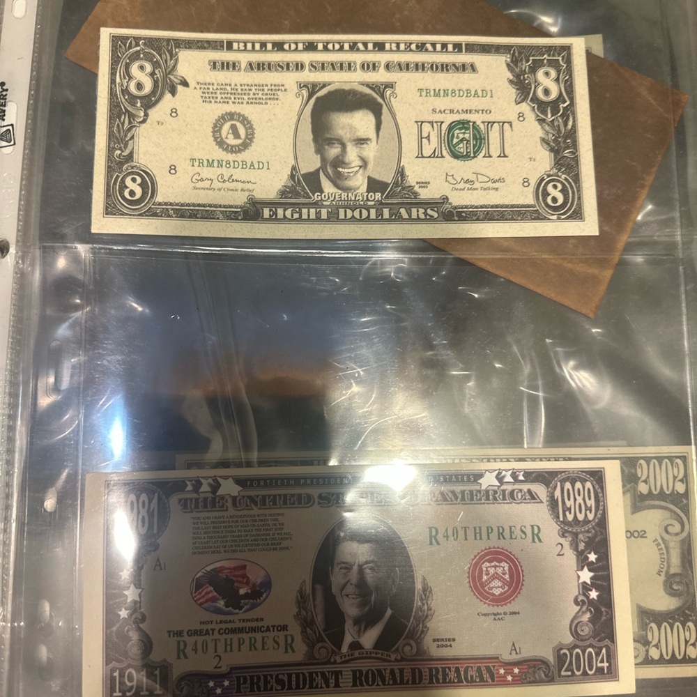 Novelty Eight Dollar Bill and Ronald Reagan Two Dollar Bill